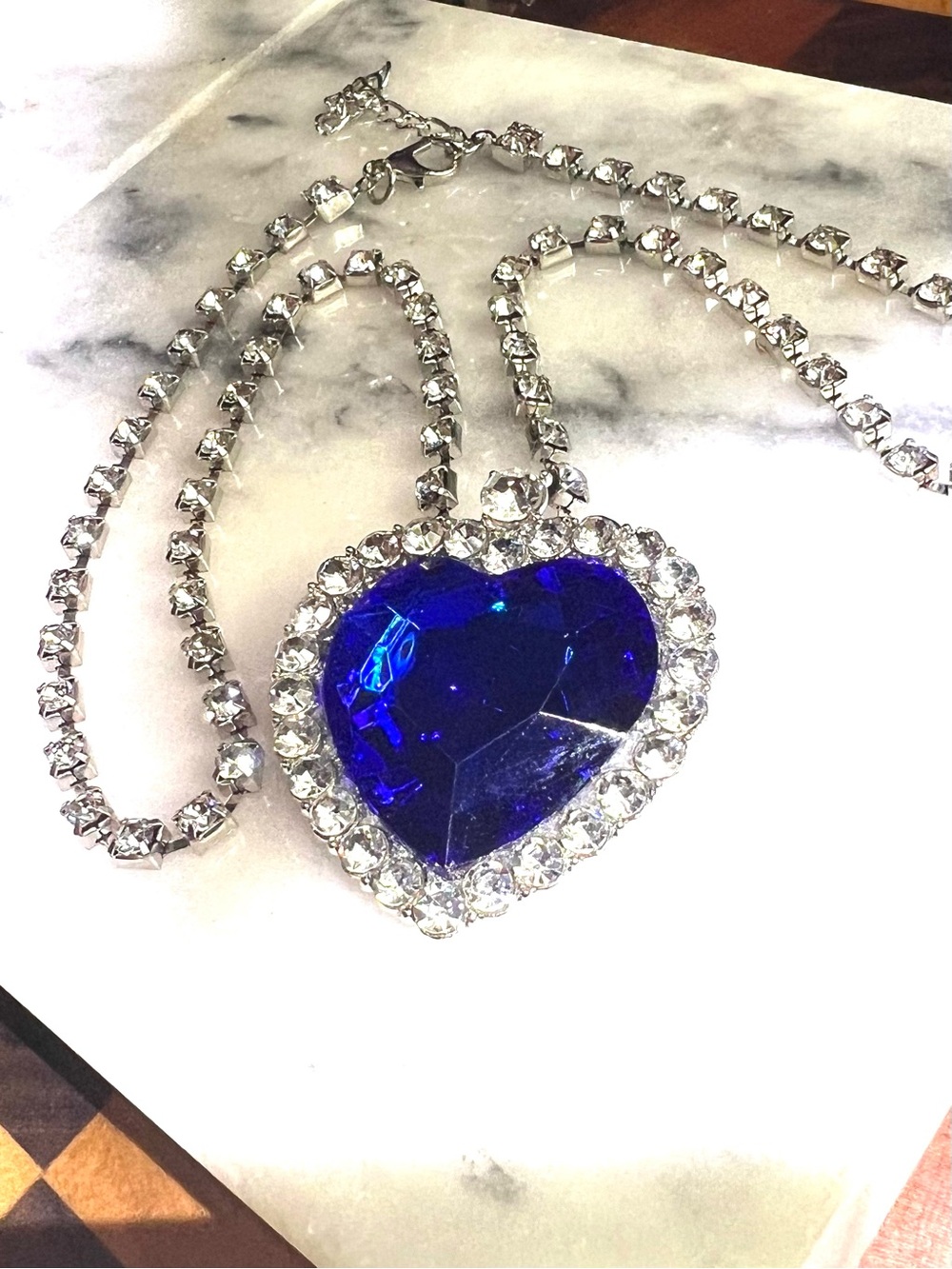 Silvertone Rhinestone Necklace with Royal Blue Heart Crystal Pendant